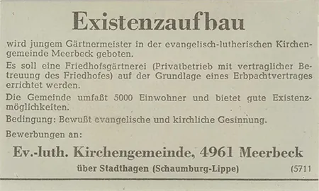 Zeitungsanzeige "Existenzaufbau"